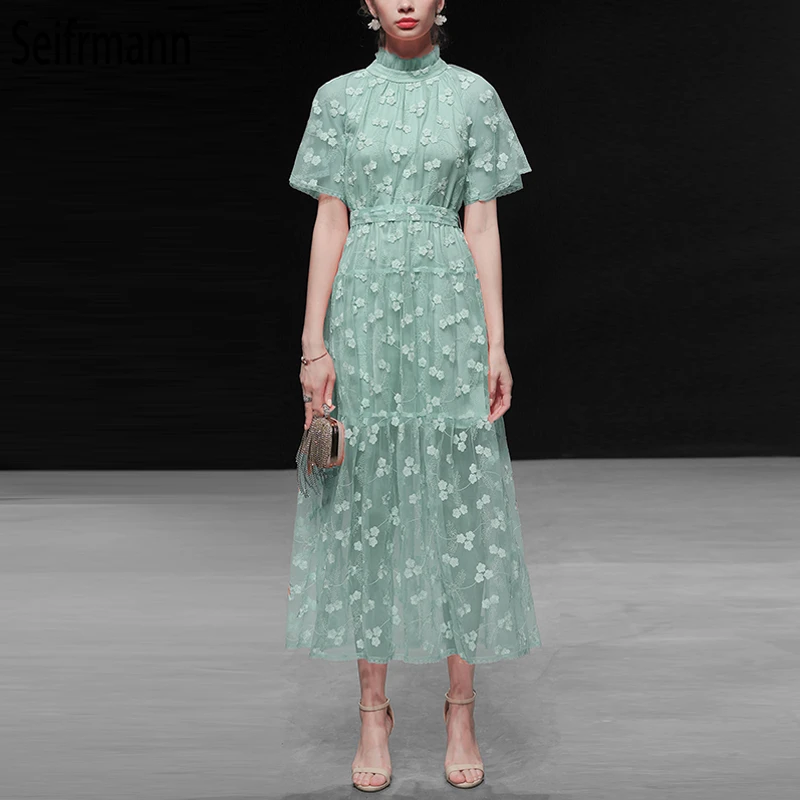 

Seifrmann Spring Summer Women Dress Runway Fashion Designer Short Sleeve Mesh Overlay Floral Embroidery Elegant Party Dresses