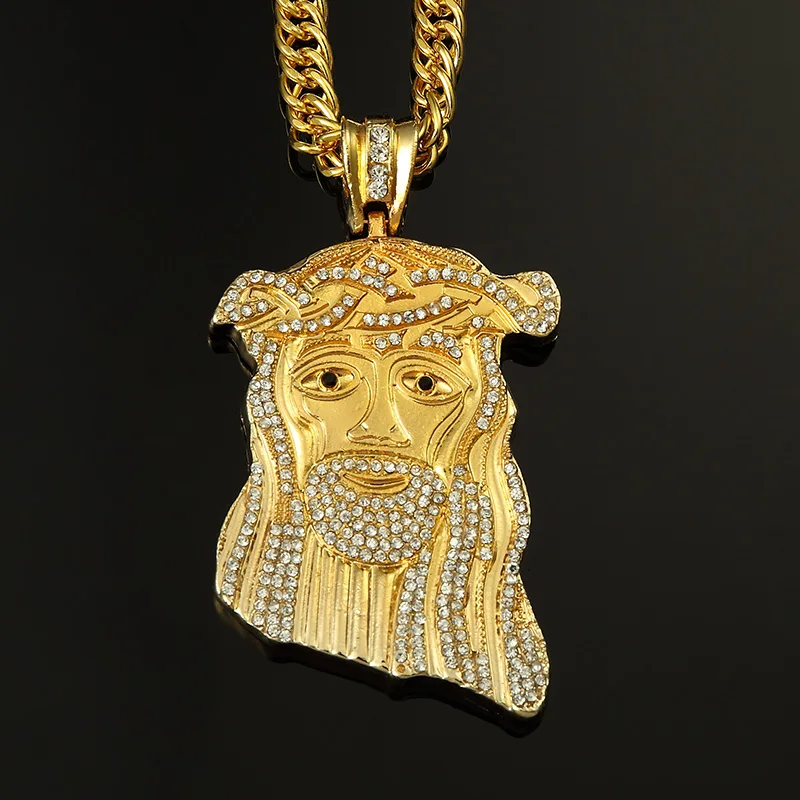 35.4 inch Bling Jesus head Necklaces Hip Hop Silver Jewelry Crystal Cross Pendants Egyptian Long Golden Chains | Украшения и