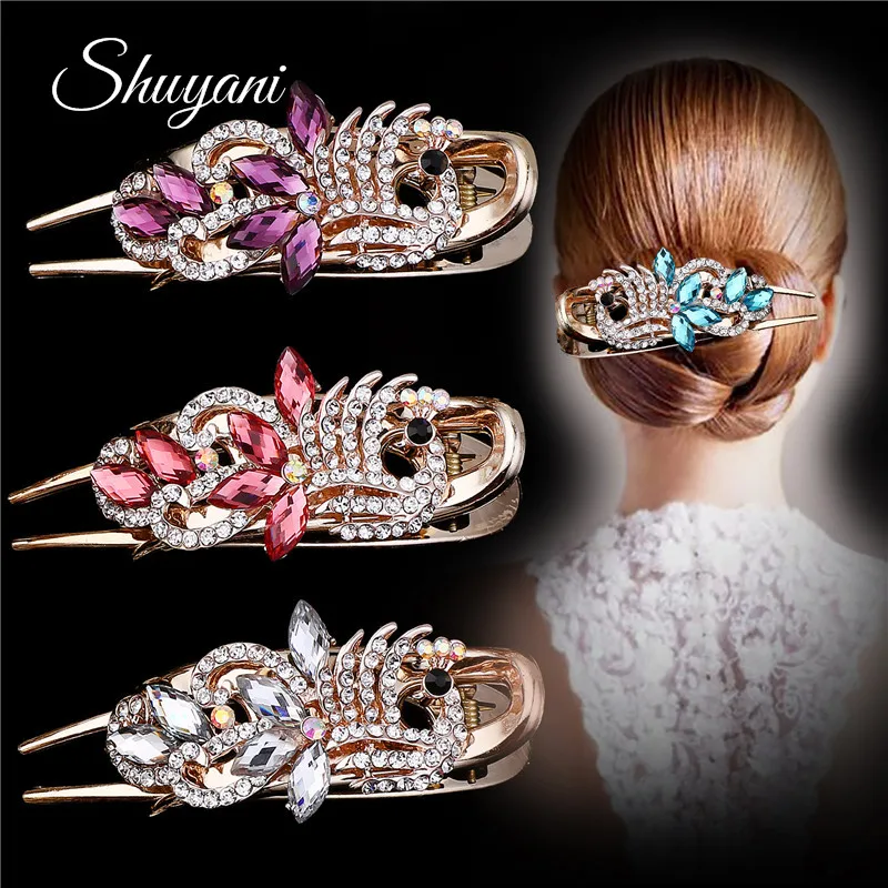 Shuyani Elegant Crystal Peacock Hair Claws Wedding Hair Clip Women Hair Jewelry Gold Color Hair