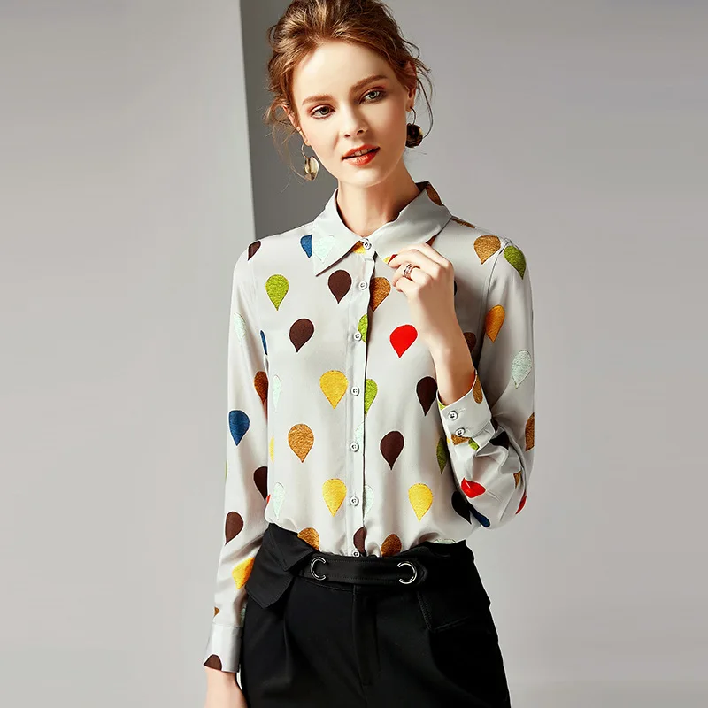 

Spring 2019 New Wave-Point Printing Turn-down Collar Casual Real Silk 100% Long-sleeved Blouses and Shirt Female Tops R10174