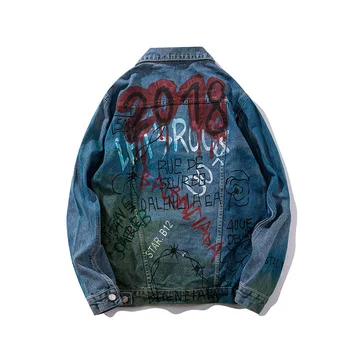 

Men's Jacket Original Hip Hop Trends Ink Print Denim Jacket Cardigan New Streetwear Jean Jacket Men Denim Jackets Color Block
