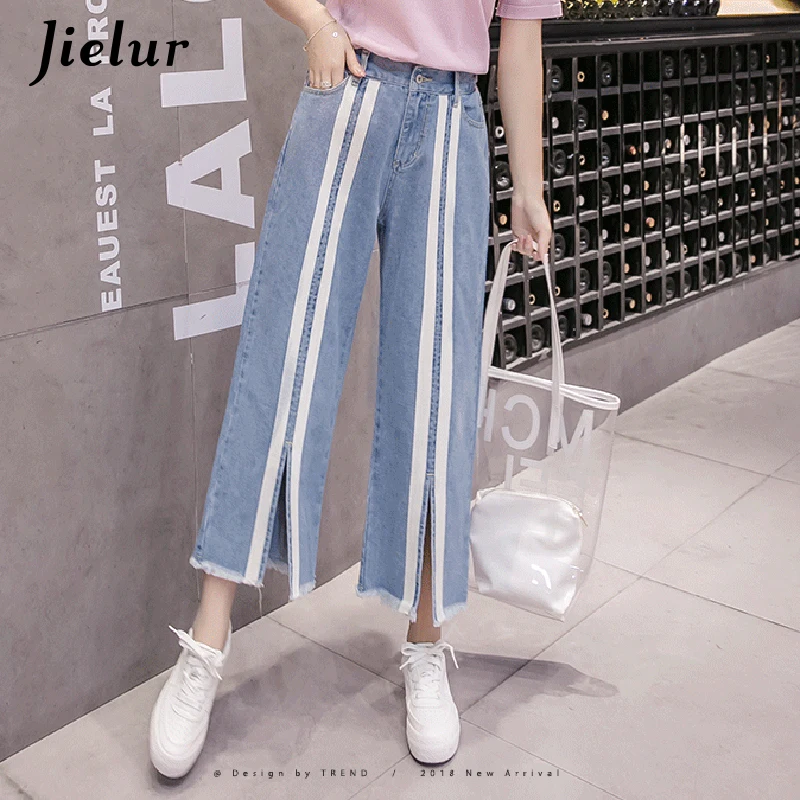 Jielur, консервативный стиль, с карманами, в полоску, джинсы для женщин, Kpop, новинка, плюс размер, джинсы, Mujer, с кисточками, широкие, джинсовые штаны, Повседневная Уличная одежда
