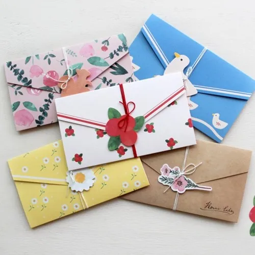 

2pcs/set Kawaii Greeting Card Set Plants Bird Flowers for Wedding Letter Invitations Gift Card Envelope Folding Stationary Paper