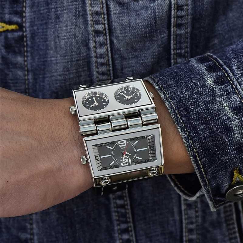 Ceny Oulm antyczne projekt zegarki męskie 3 strefa czasowa 2 duże tarcze unikalny zegarek kwarcowy męski Sport mężczyźni skórzane zegarki na rękę