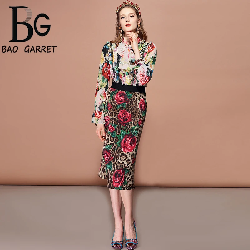 

Baogarret Fashion Summer Skirt Women's Elegant Elastic Waist Bodycon Sexy Rose Floral Leopard Print Midi Pencil Skirts