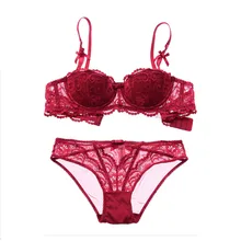 2016 Hot Push Up Lace 1/2 Bra Set Red Floral See Through Sexy Bra Underwear Women Transparent Intimates Bra+Panties