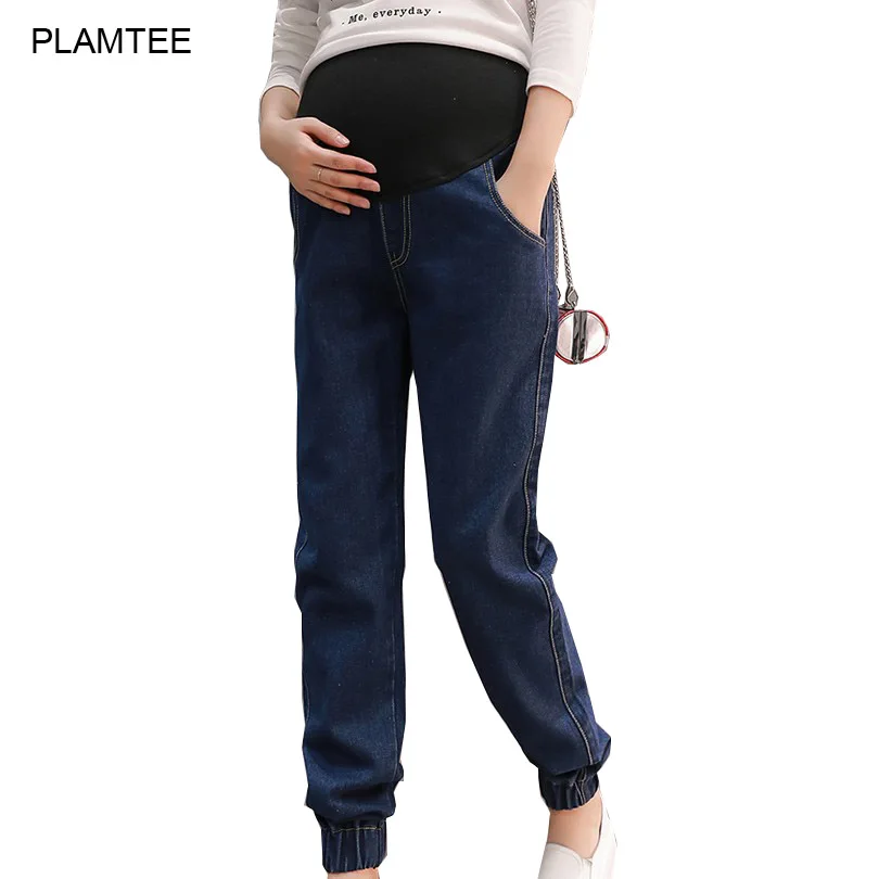 

2017 Spring Solid Pregnancy Clothes Jeans Closed Feet Care Belly Hamile Giyim Plus Size M-2XL Maternity Denim Pants with Pockets