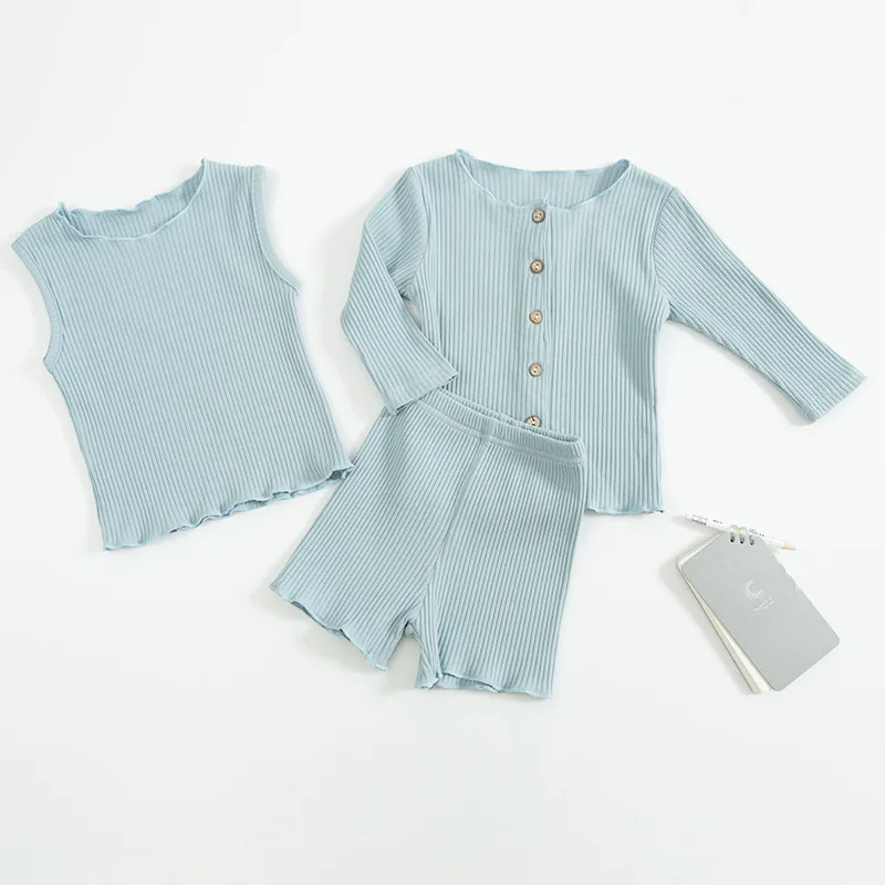 Осенний Модный комплект одежды для маленьких девочек хлопковый жилет кардиганы и шорты комплект одежды из 3 предметов для маленьких мальчиков - Цвет: Синий