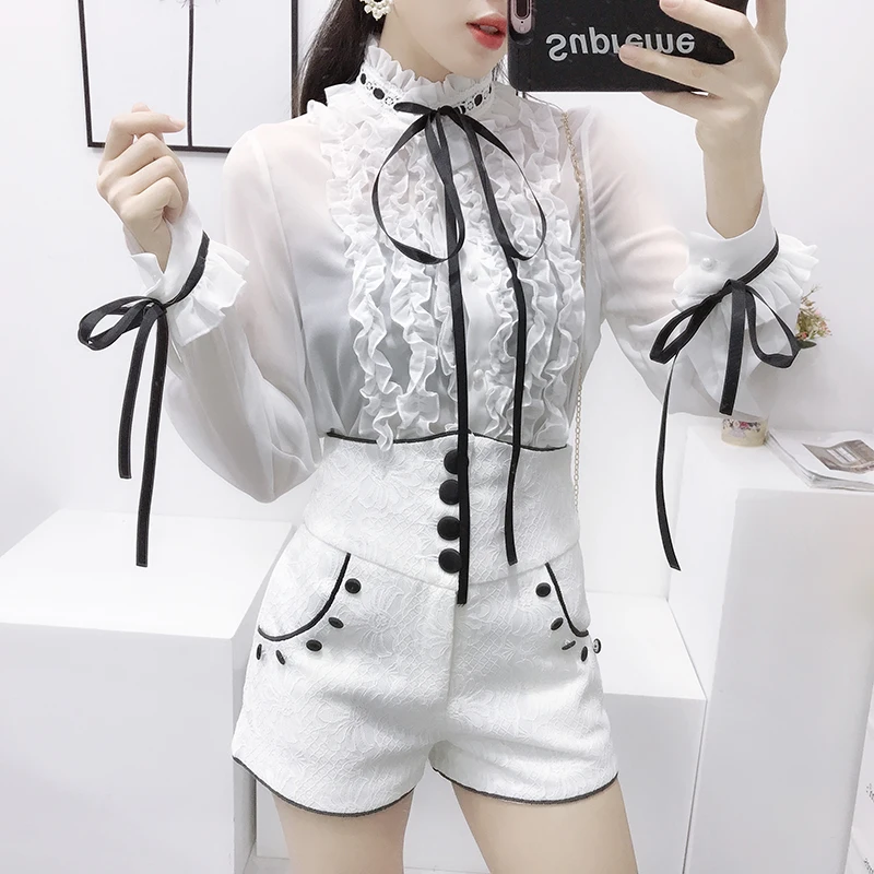 

2018 New Autumn Fashion Goddess Sets Women Perspective Ruffles Chiffon Tops + High Waist Shorts Feminine Suits