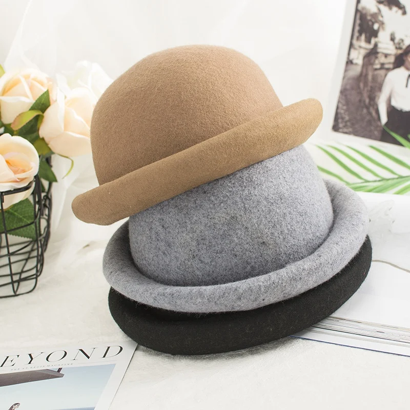 

Winter Autumn Women Ladies Fedoras Top Jazz Hat Fashion Vintage Women Wide Brim Ribbon Warm Bowler Hats Wool Round Caps