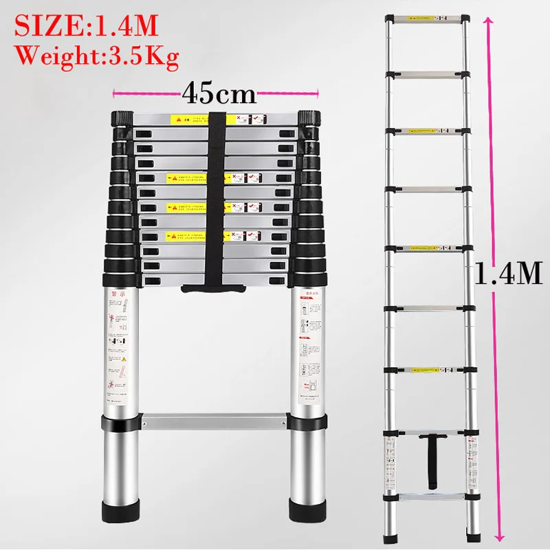 1.4 M Multifunctional retractable ladder aluminum alloy thickening folding ladder bamboo household ladder lift Safe portable