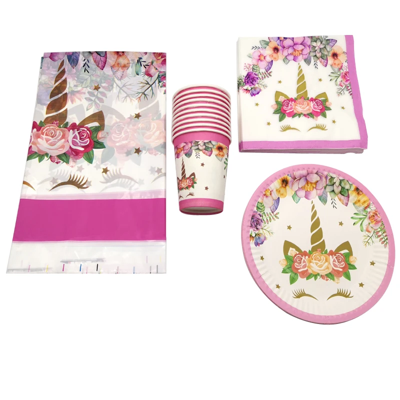 

61PCS Happy Birthday Party Cups Napkins Beautiful Unicorn Theme Wedding Decoration Tablecloth Baby Shower Girls Favors Plates