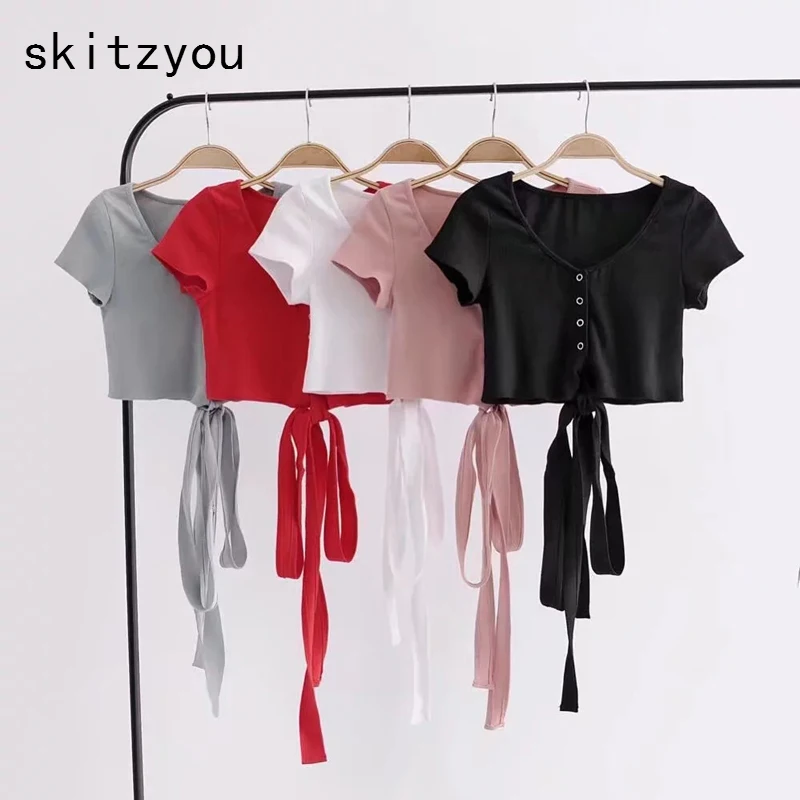 

skitzyou Summer Short Sleeve Women Sexy Basic Top Tees V Neck Black White Slim Casual Robe Sheath Bodycon T Shirts Cropped Tops