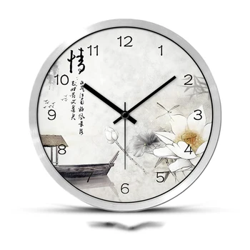 

12/14 Inch Chinese Style Wall Clock for Living Room Decor Vintage Lotus Pattern Metal Black White Frame Needle Hanging Clocks