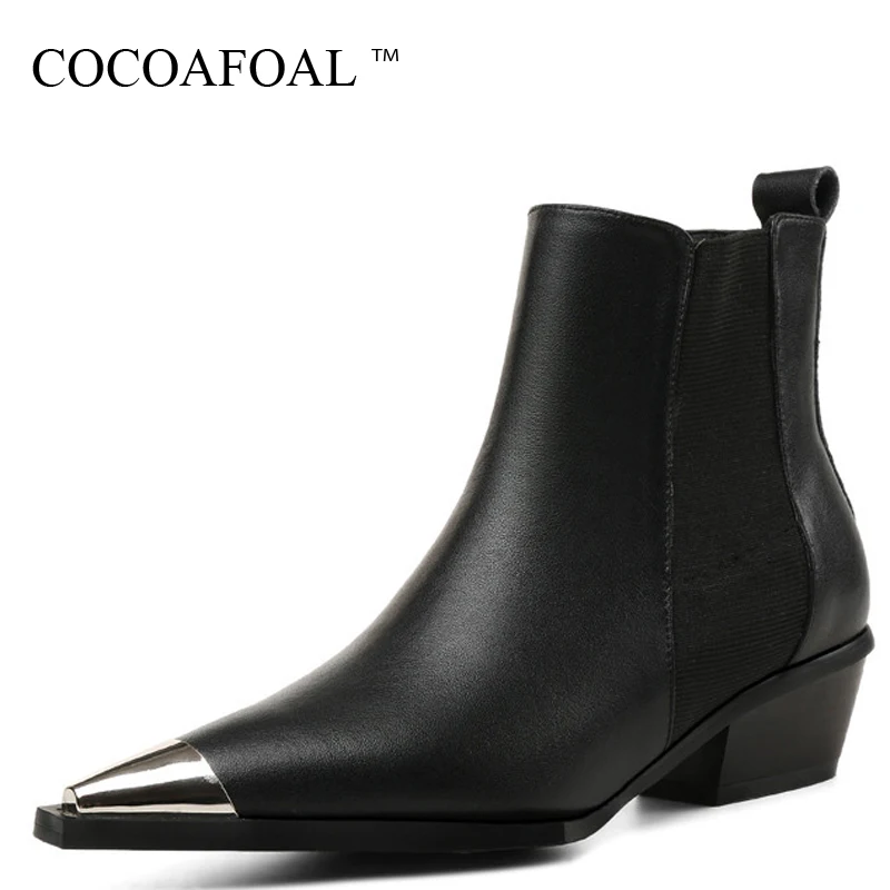 

COCOAFOAL Women's Genuine Leather Motorcycle Boots Autumn Winter Shoes Woman Ankle Boots Black Metal Decoration Chelsea Boots
