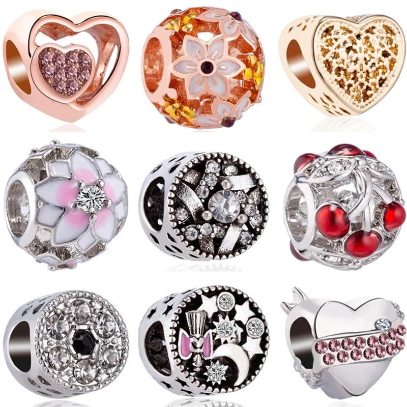 

Btuamb European Crystal Moon Bow Heart Cherry Flower Elephant Charms Beads Fit Pandora Bracelets Necklaces for Women DIY Jewelry
