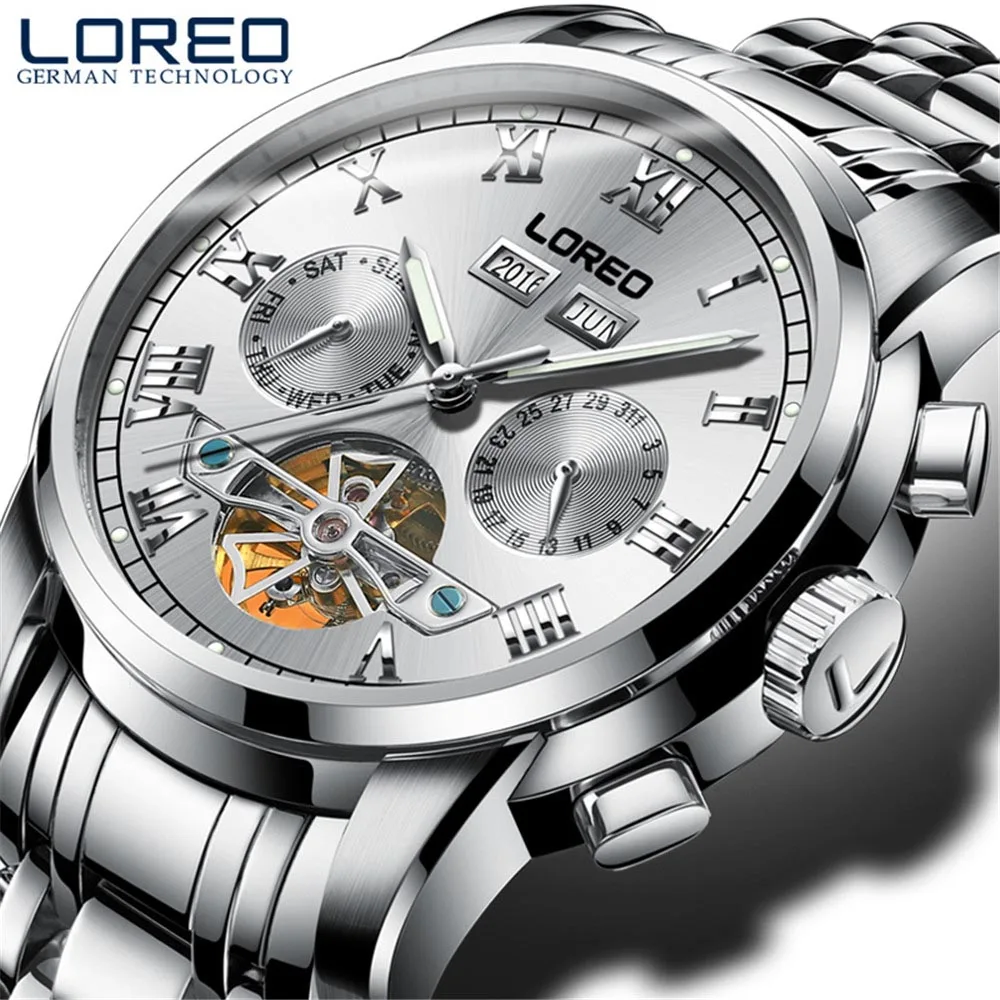 LOREO механические часы для мужчин 50 м Дайвинг люксовый бренд Мужские часы Tourbillon Скелет наручные сапфировые автоматические часы водонепроницаемые - Цвет: White Silver
