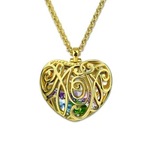 Wholesale Cursive Mom Heart Cage Pendant With 2-8 Heart-Shaped Birthstones Gold Color Family Necklace Personalized Jewelry
