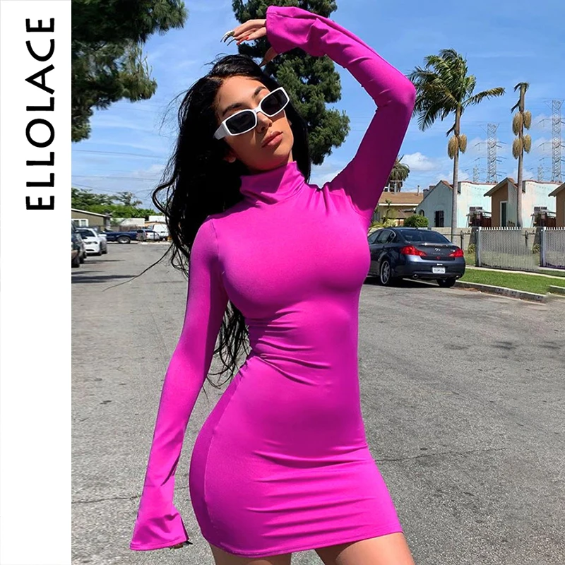 дешево! Ellolace Turtlenekck Flare с длинным рукавом Розовые мини-облегающие платья Slim Fit Эластичные женщ Лучший!