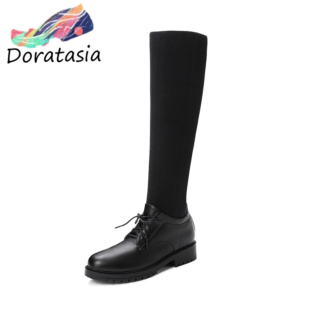 

DORATASIA New Autumn Sweet Girl Fake Leather Knee High Sock Boots Women 2020 Large Size 32-43 Add Fur Shoes Woman Low Heels