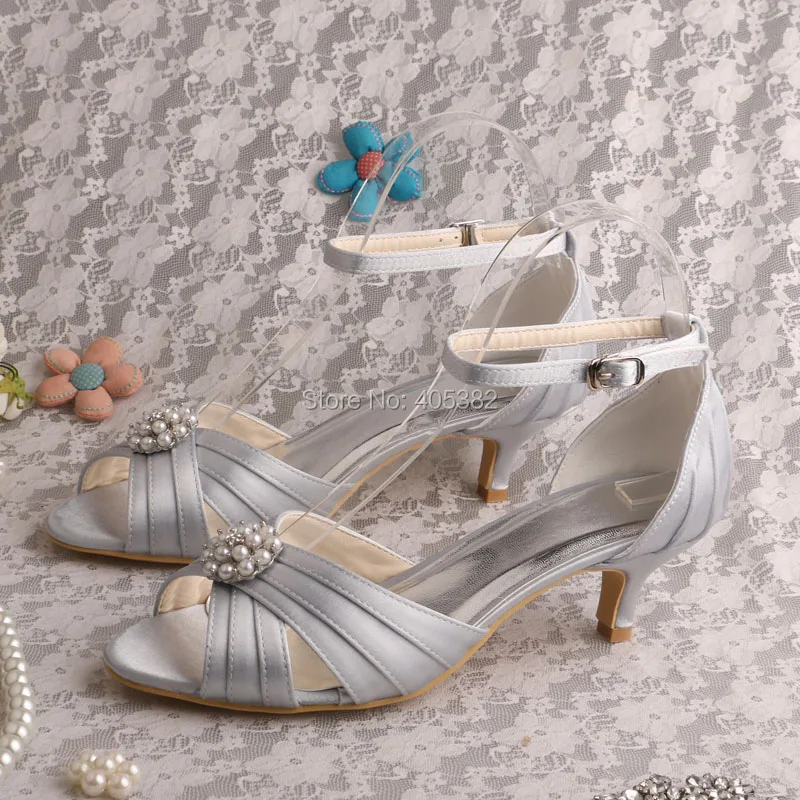 

Wedopus MW508 Women's Evening Party Peep Toe Low Heel Pleated Satin Silver Bridal Wedding Shoes