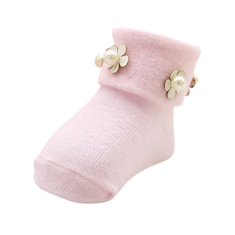 Осенние носки для новорожденных, малышей, украшенное цветами и бусинами с кружевными вставками и носки для принцессы, Детские теплые однотонные шелковые носки - Цвет: YTM1341 Pink