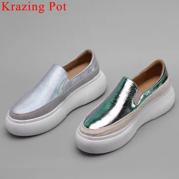 

Concise brand special cow leather flat platform med bottom slip on loafers breathable plus size comfortable vulcanized shoes L83