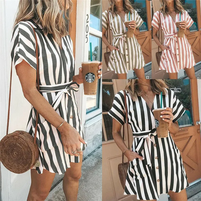 

2019 New Women Dress Strip V Neck Mini Boho Waist Belt Summer Beach Dress Sundress Casual Office Lady Wears