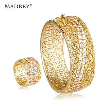 

Madrry Alloy Metal Big Wide Bangle&Rings Jewelry Sets for Women Lady Luxury Gold Color Braccialetto Cocktail Party Gioielli