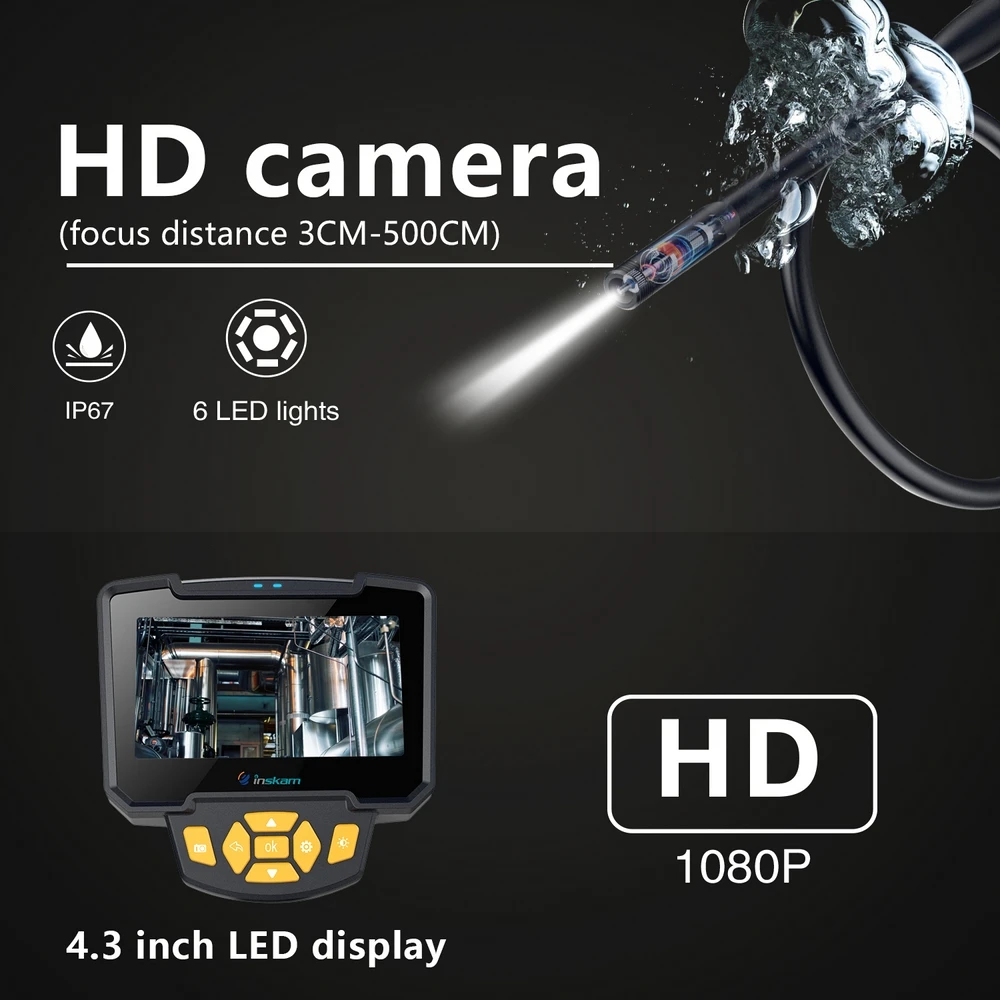 4,3 дюймов 6LED портативный эндоскоп 1080P камера для осмотра Бороскоп промышленный инструмент для ремонта авто жесткий ручной эндоскоп