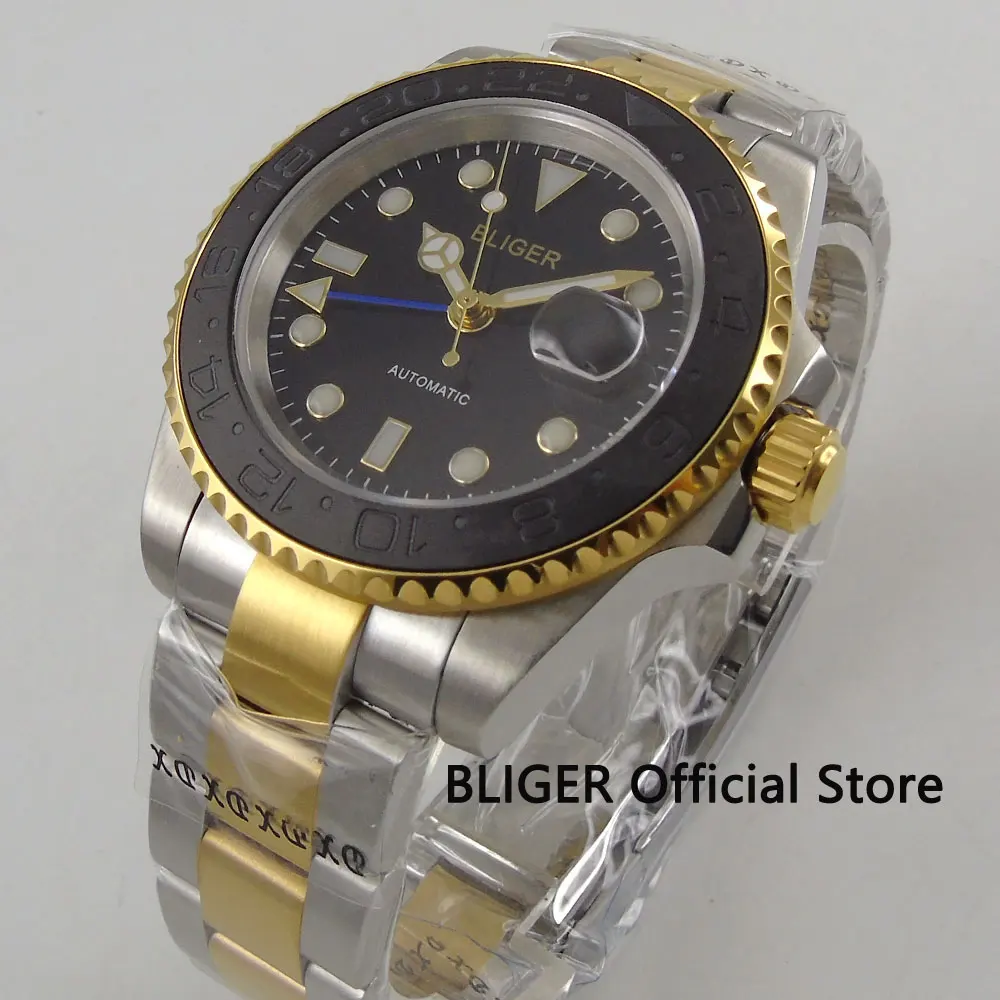 

Sapphire Crystal BLIGER 40mm Black Dial Black Ceramic Bezel Luminous GMT Function Golden Plated Automatic Movement Men's Watch