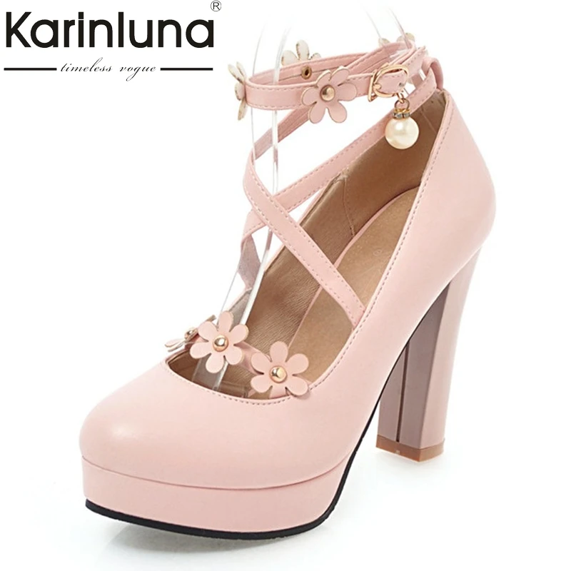 

KarinLuna Women's Ankle Strap Flower Chunky High Heel Pumps Platform Party Wedding Bridal Shoes Woman Big Size 33-43