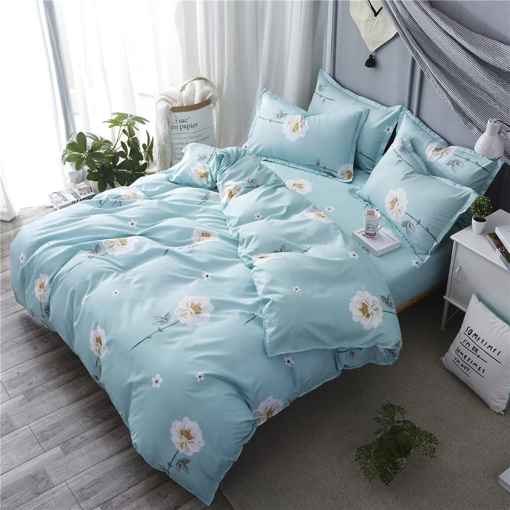 White flower bedding set 3/4pcs flat sheet pillowcase blue duvet cover