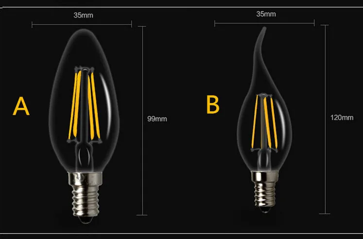 50 шт./лот E14 удар накаливания светодиодные edison свечах 2 Вт 4 Вт 6 Вт затемнения C35 лампа накаливания теплые белый холодный белый 110/220 В