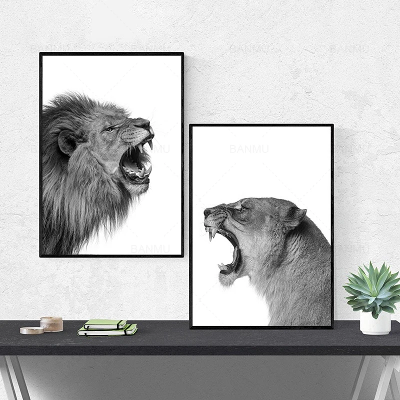 2 шт. Лев и львица животные Холст Картина лев картина животные стены Искусство печати плакат черный белый лес домашний декор