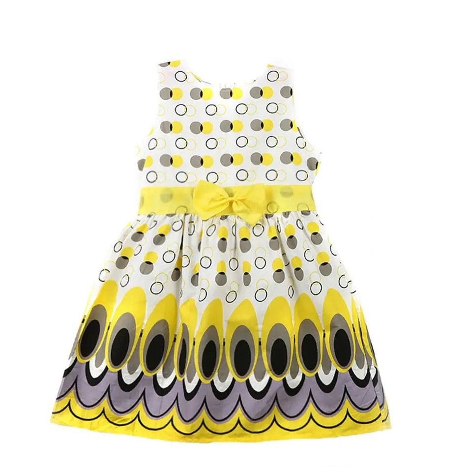 10 Girls Yellow Peacock Summer Dresses Front View