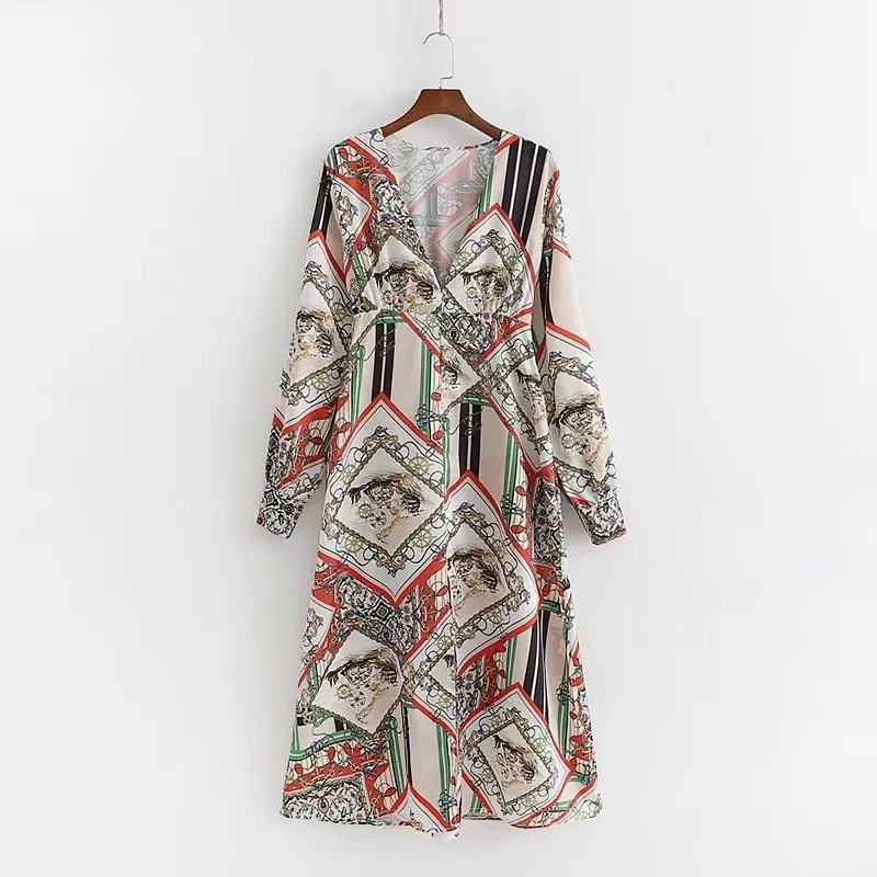 

Hot sale XD50-1873 European and American fashion v-neck printed dresses