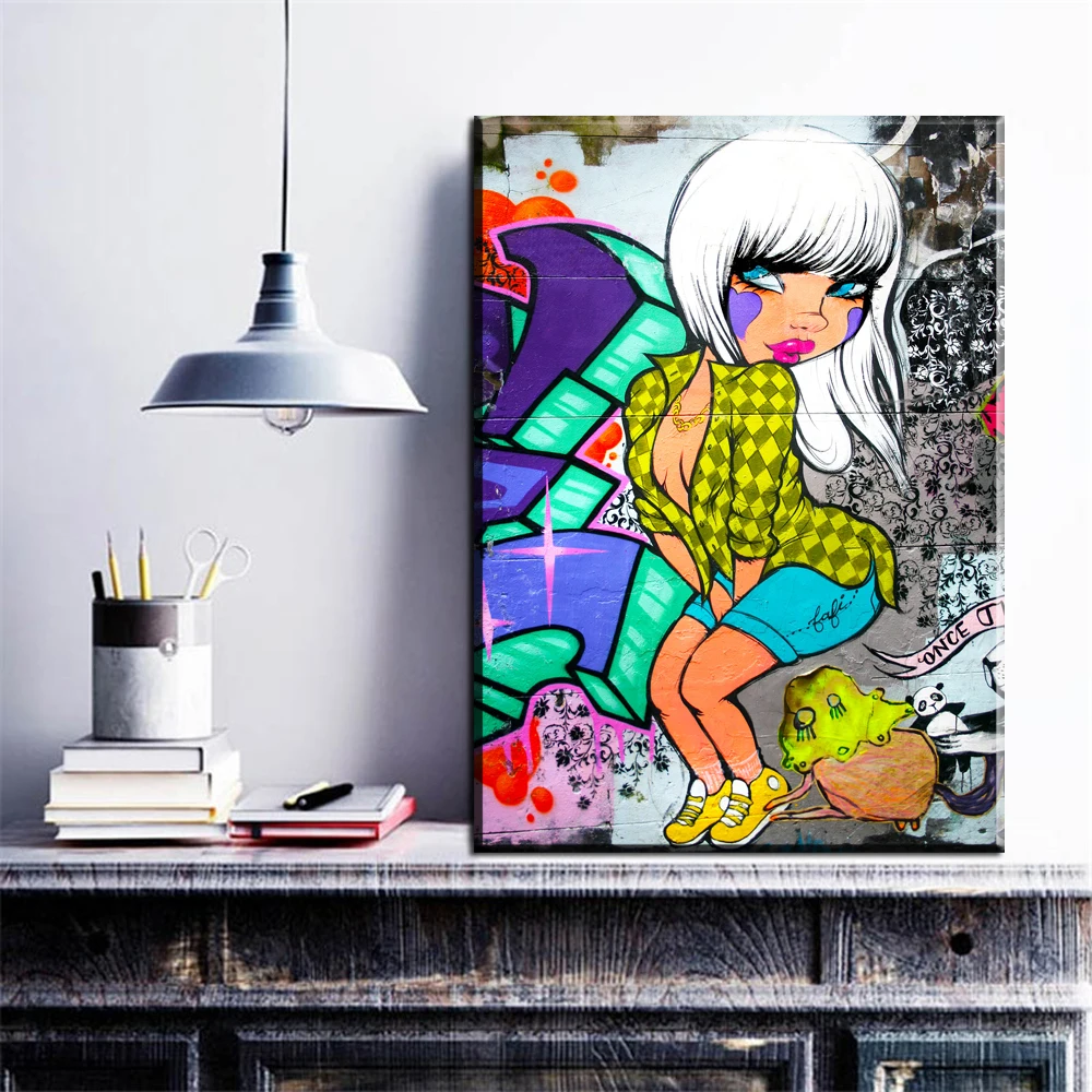 ZZ27 Banksy Graffiti Kanvas Seni Cetak Kartun Gadis Kanvas Gambar