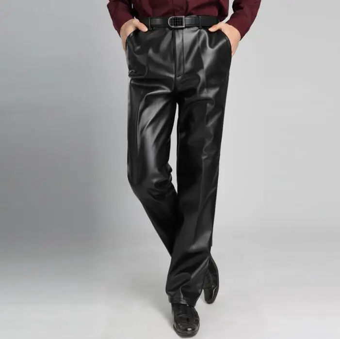 Весна и осень черные модные штаны, мужские брюки мотоцикл ПУ брюки для мужчин Высокая талия Свободные прямые Большие размеры - Цвет: Черный