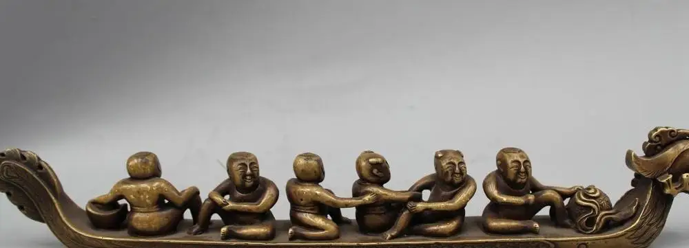 

13"China Chinese Folk Pure Bronze Six Monk Bonze Play Bead Seat dragon boat