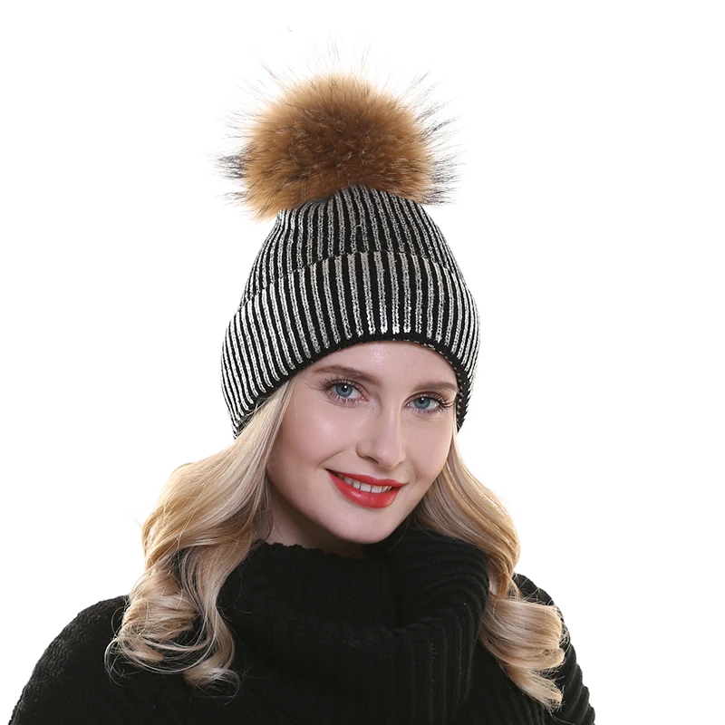 

Women's Paint Beanie Hat Fur Pompom Winter Metallic Color Cotton Slouch Beanies for Ladies Black Bronzing Skullies