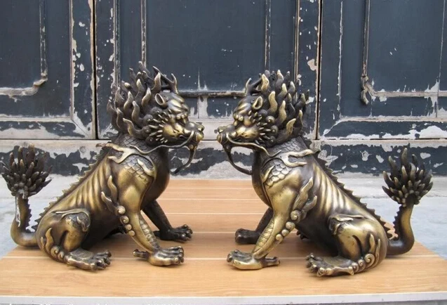 

S0499 10"China Royal Pure Bronze exquisite Evil Guardian Foo Dog Lion kylin beast Pair D0318