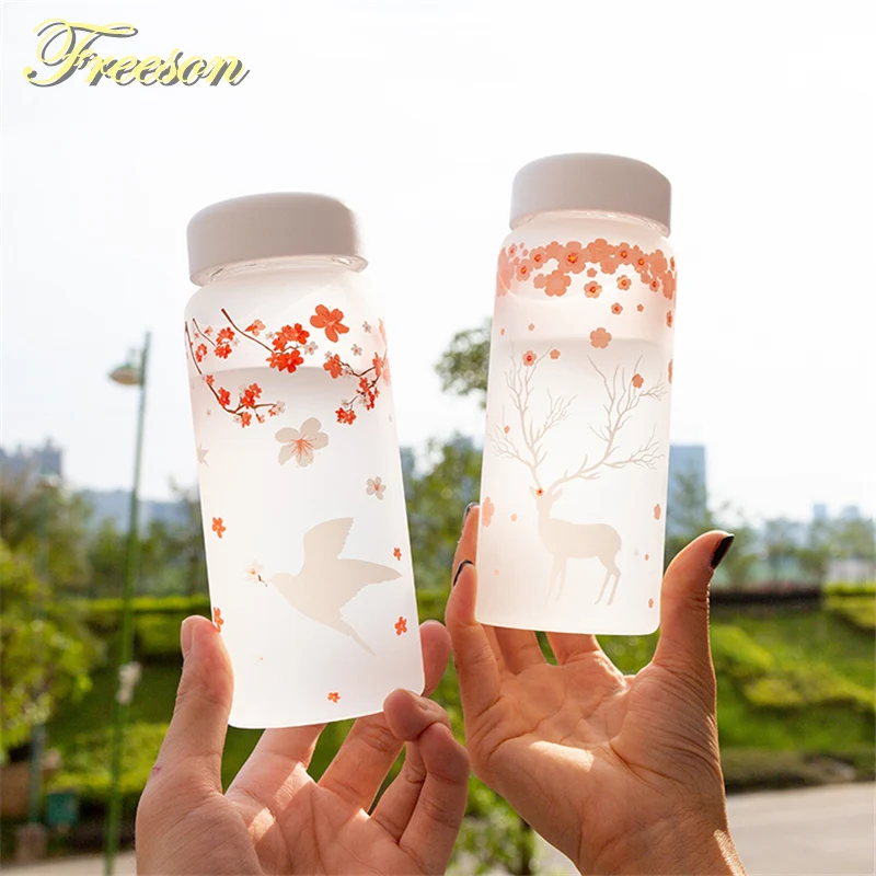 Glass Water Bottle With Sleeve 430ml Elk Glass Bottles Creative   Portable With Lid Camping Sport Bottle Cute Student Drinkware