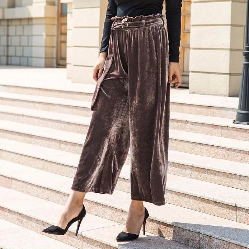 Women Fashion Streetwear Pants High Waisted Velvet Wide