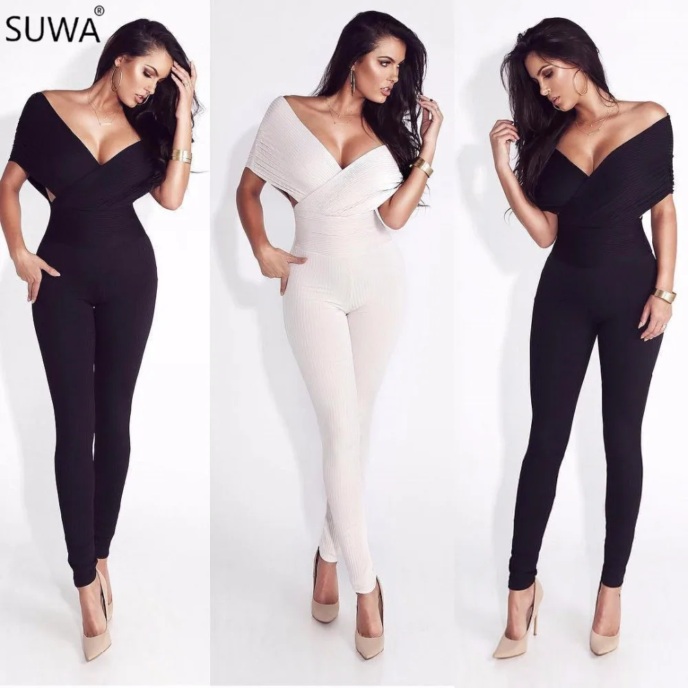 Spring Solid Wommen Elegant Skinny Jumpsuit Low Cut