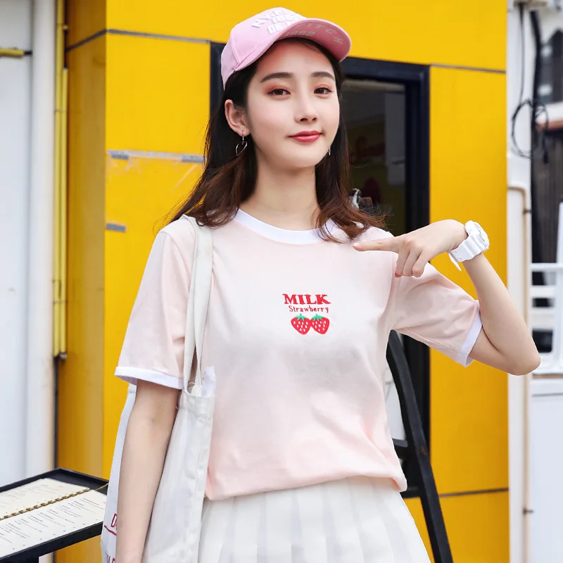 

Kawaii Harajuku Milk Strawberry Embroidery T shirt Women Summer Cotton Tops Short Sleeve Korean Style Sweet Girl's Tee Shirt