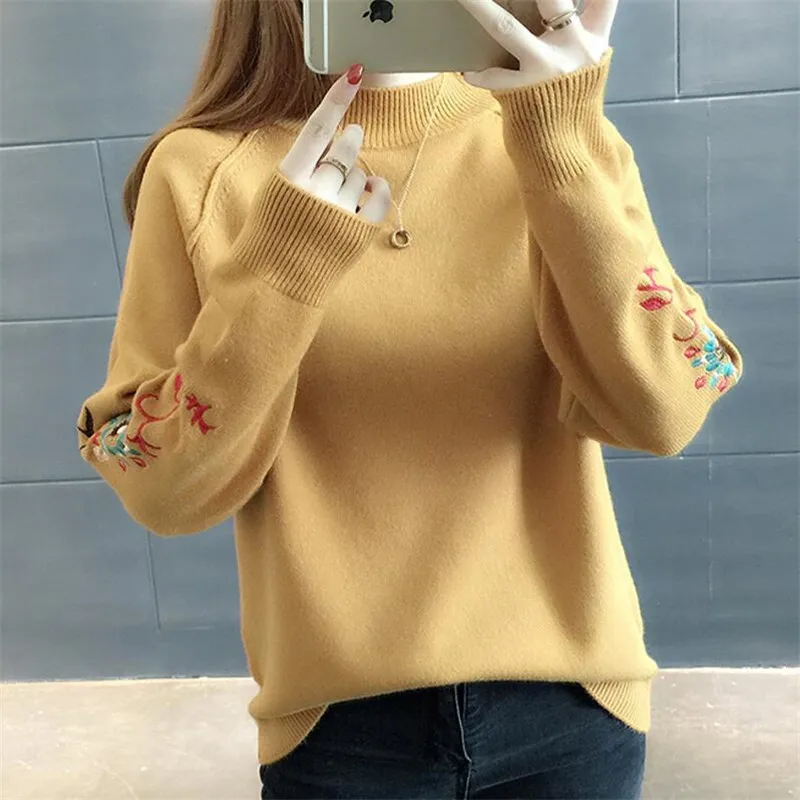 

New Winter Autumn 2019 Casual Flower Embroidery Loose Thicken Sweater For Women Turtleneck Full Sleeves Pullovers Knitwears Girl