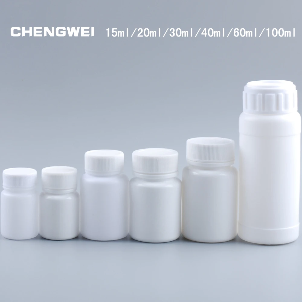 

CHENGWEI 6 Size White LDPE Plastic Medicine Pill Bottle Screw Cap Refillable Medicine Container Disinfected Bottles 20 Pcs/Lot
