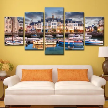 

Modern Home Wall Decor Art Canvas Pictures Frame HD Printed Posters 5 Pieces France City Building Boats Sights Seascape Painting