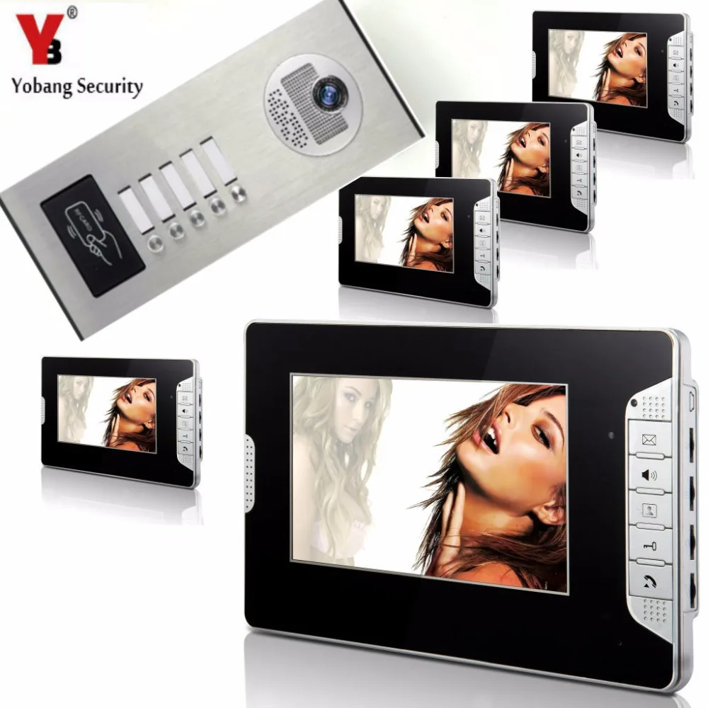 Yobang Security 5 Units Apartment Intercom System Video Intercom Video Door Phone Kit HD Camera 7 Inch Monitor with RFID keyfobs